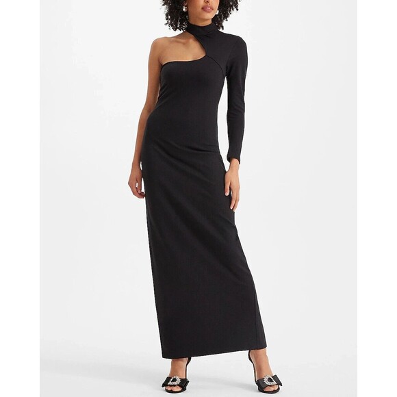 Express Women Asymmetrical Mock Neck One Shoulder Maxi Sheath Dress Black Size S - Picture 1 of 12